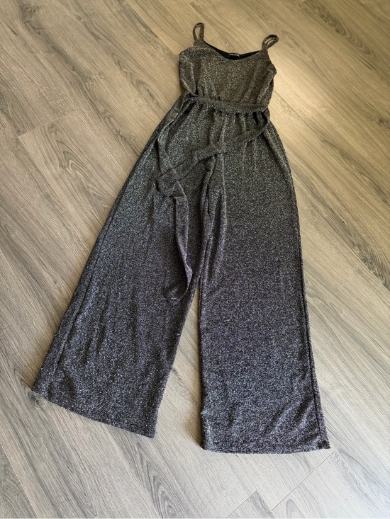 Mind Code Pants - Mind Code Metallic Black Sparkle Wide-Leg Jumpsuit Size Medium